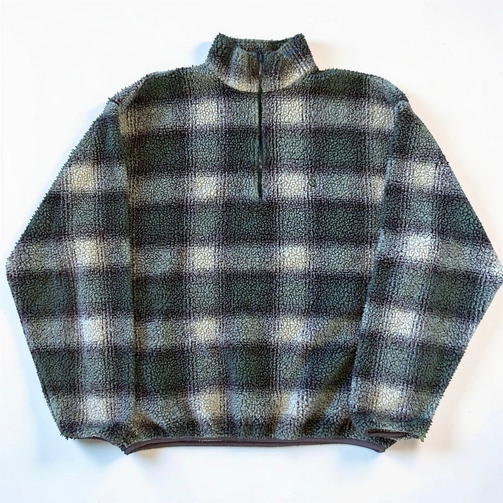 Nautica Men's XL Plaid Quarter Zip Fleece Pullover Brown Gray Outdoor